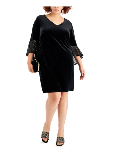 CONNECTED APPAREL Womens Black Stretch Embellished Ruffled Velvet Pullover 3/4 Sleeve V Neck Above The Knee Party Sheath Dress Plus 22W