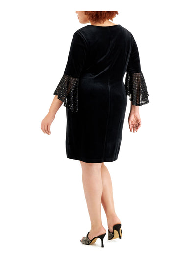 CONNECTED APPAREL Womens Black Stretch Embellished Ruffled Velvet Pullover 3/4 Sleeve V Neck Above The Knee Party Sheath Dress Plus 16W