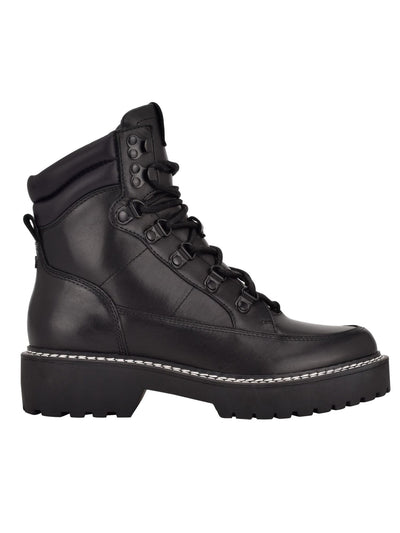 CALVIN KLEIN Womens Black 1" Platform Lug Sole Padded Shania Almond Toe Block Heel Lace-Up Leather Hiking Boots 9.5 M