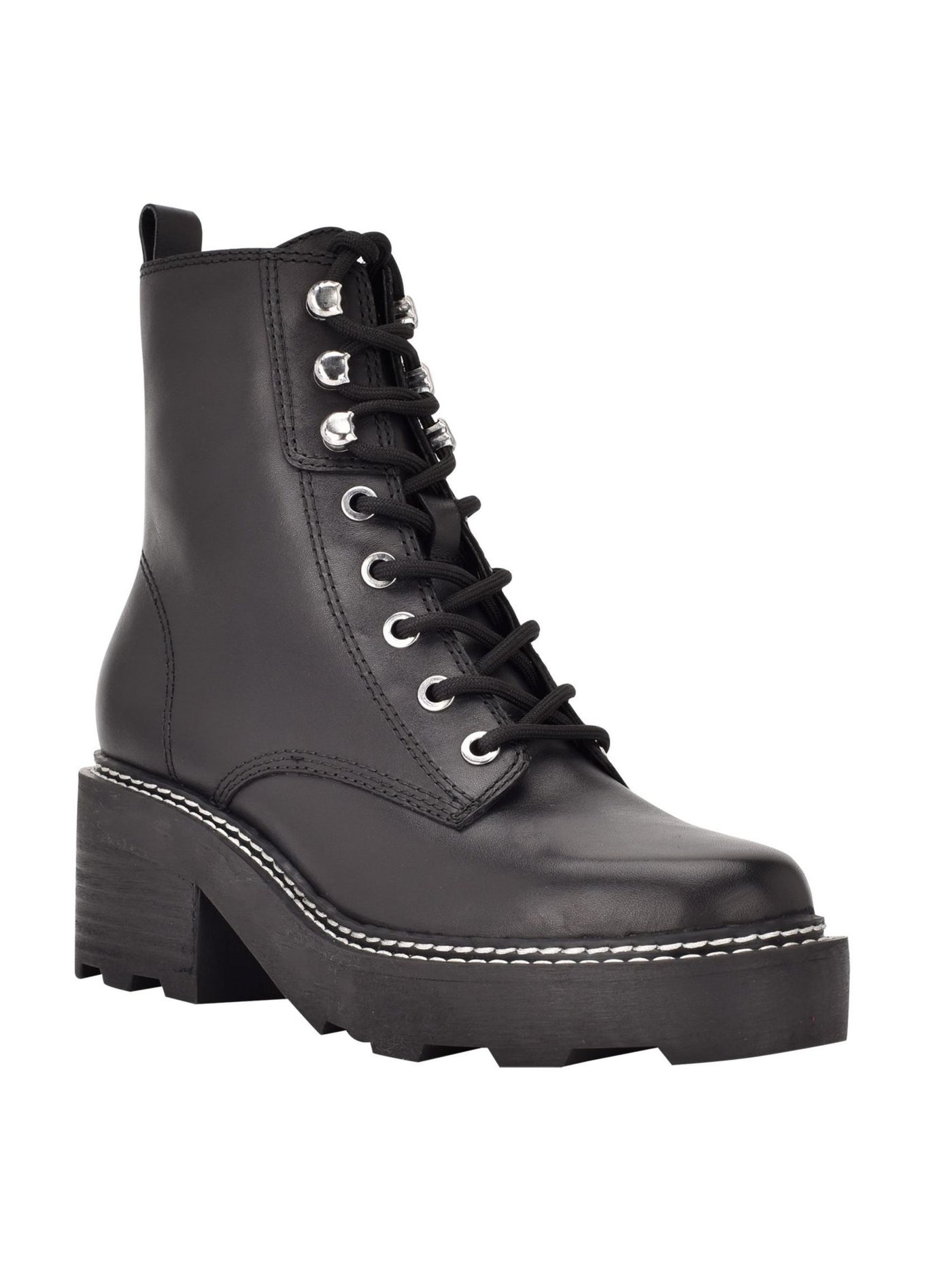 CALVIN KLEIN Womens Black 1" Platform Lug Sole Padded Abeni Almond Toe Block Heel Lace-Up Leather Combat Boots 10 M