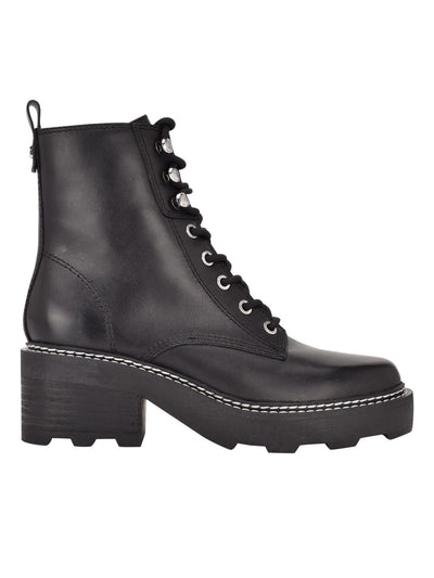 CALVIN KLEIN Womens Black 1" Platform Lug Sole Padded Abeni Almond Toe Block Heel Lace-Up Leather Combat Boots 8.5 M