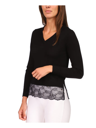 MICHAEL KORS Womens Black Short Length Lace Trim Vented Hem Ribbed Trim Long Sleeve V Neck Wear To Work Sweater Petites PXL