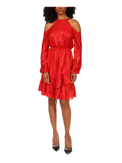 MICHAEL MICHAEL KORS Womens Red Cold Shoulder Ruffled Pullover Keyhole Back Long Sleeve Crew Neck Above The Knee Party Fit + Flare Dress XL