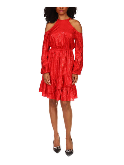 MICHAEL KORS Womens Red Printed Long Sleeve Halter Above The Knee Evening Ruffled Dress Petites PXS