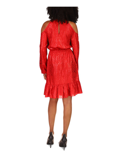 MICHAEL MICHAEL KORS Womens Red Printed Long Sleeve Halter Above The Knee Evening Ruffled Dress Petites P\L