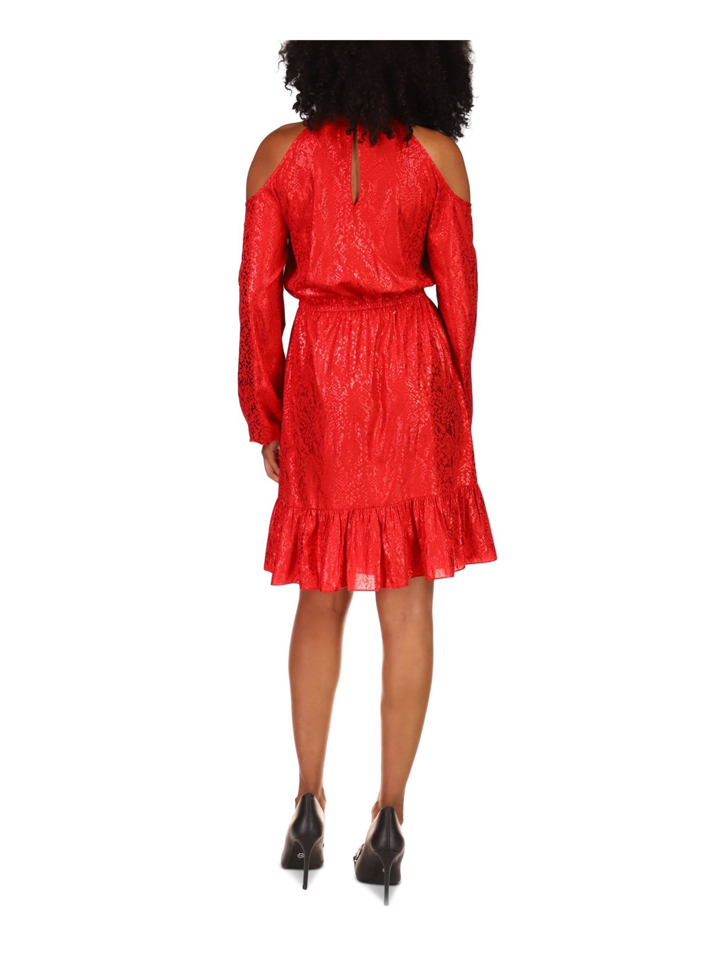 MICHAEL KORS Womens Red Printed Long Sleeve Halter Above The Knee Evening Ruffled Dress Petites PXS
