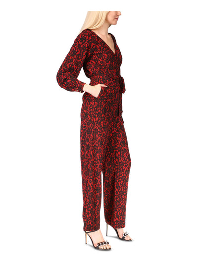 MICHAEL KORS Womens Red Pleated Pocketed Tie Belt Long Sleeve V Neck Party Straight leg Jumpsuit XXL