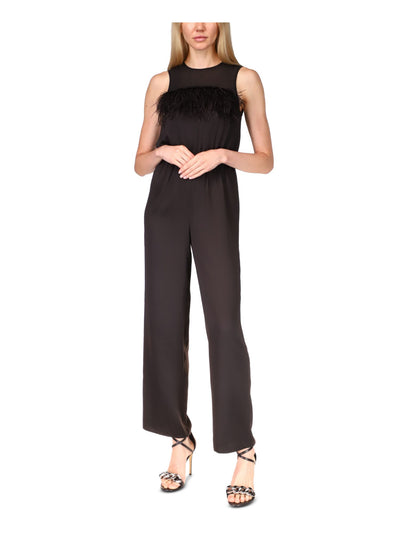 MICHAEL MICHAEL KORS Womens Black Feathered Zippered Elastic Waist Sleeveless Round Neck Party Straight leg Jumpsuit 14