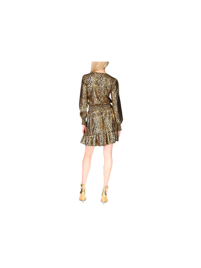 MICHAEL MICHAEL KORS Womens Gold Metallic Smocked Ruffled Pullover Long Sleeve Surplice Neckline Short Party Blouson Dress Petites P\XS