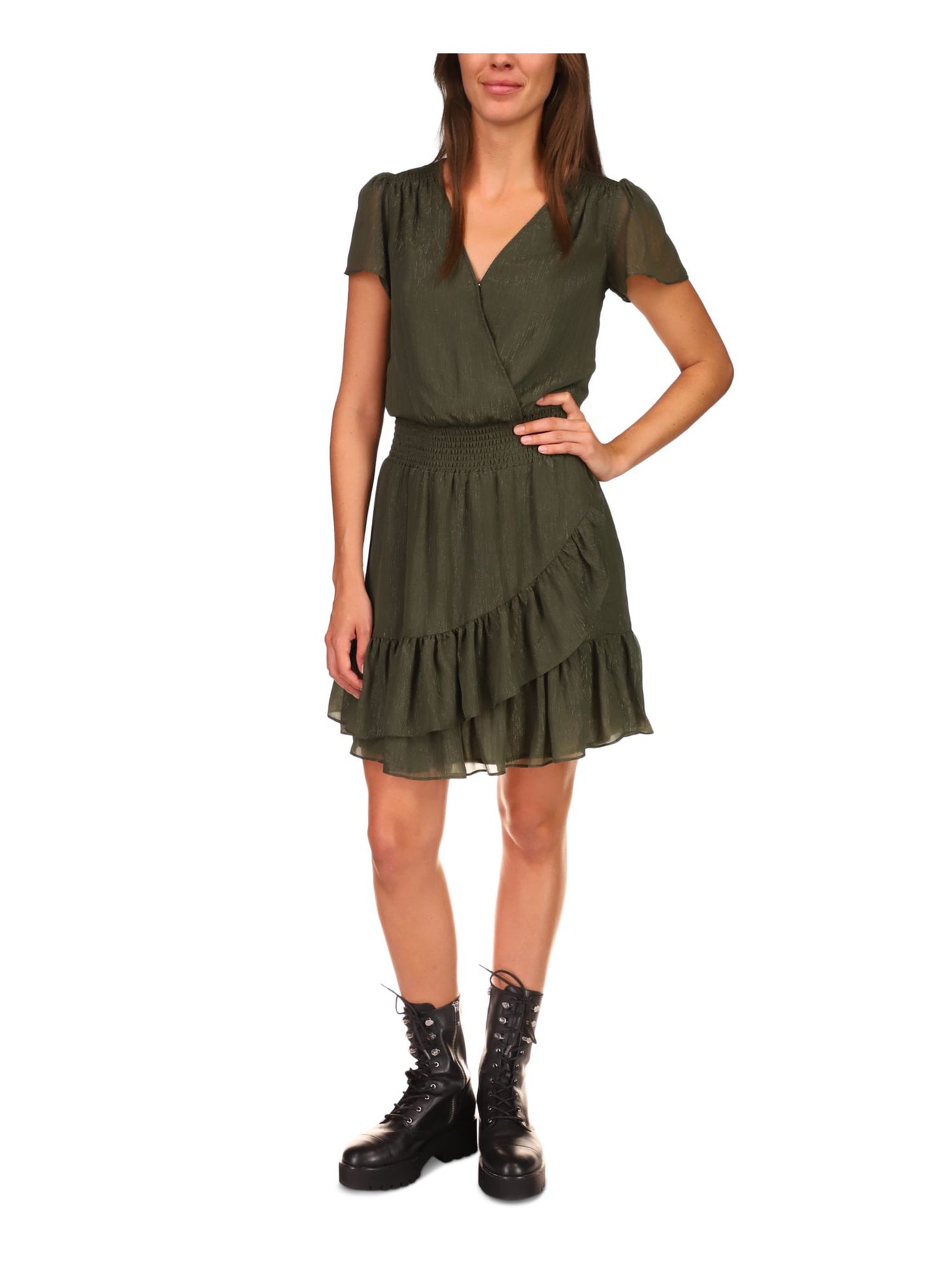 MICHAEL MICHAEL KORS Womens Green Smocked Sheer Lined Ruffled Hook And Eye Front Short Sleeve Surplice Neckline Above The Knee A-Line Dress XXS