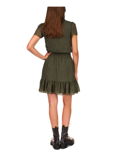 MICHAEL MICHAEL KORS Womens Green Smocked Sheer Lined Ruffled Hook And Eye Front Short Sleeve Surplice Neckline Above The Knee A-Line Dress XXS