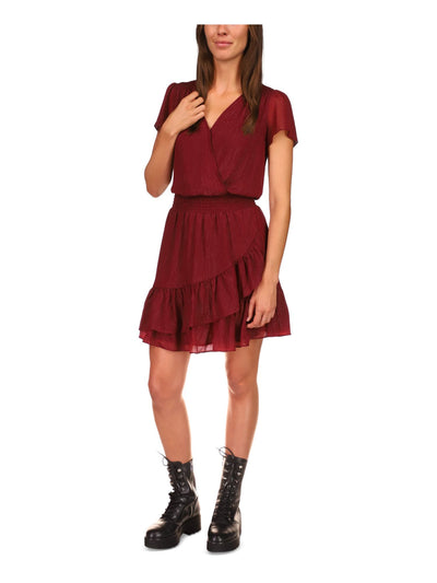 MICHAEL MICHAEL KORS Womens Burgundy Smocked Sheer Lined Ruffled Hook And Eye Front Short Sleeve Surplice Neckline Above The Knee A-Line Dress L