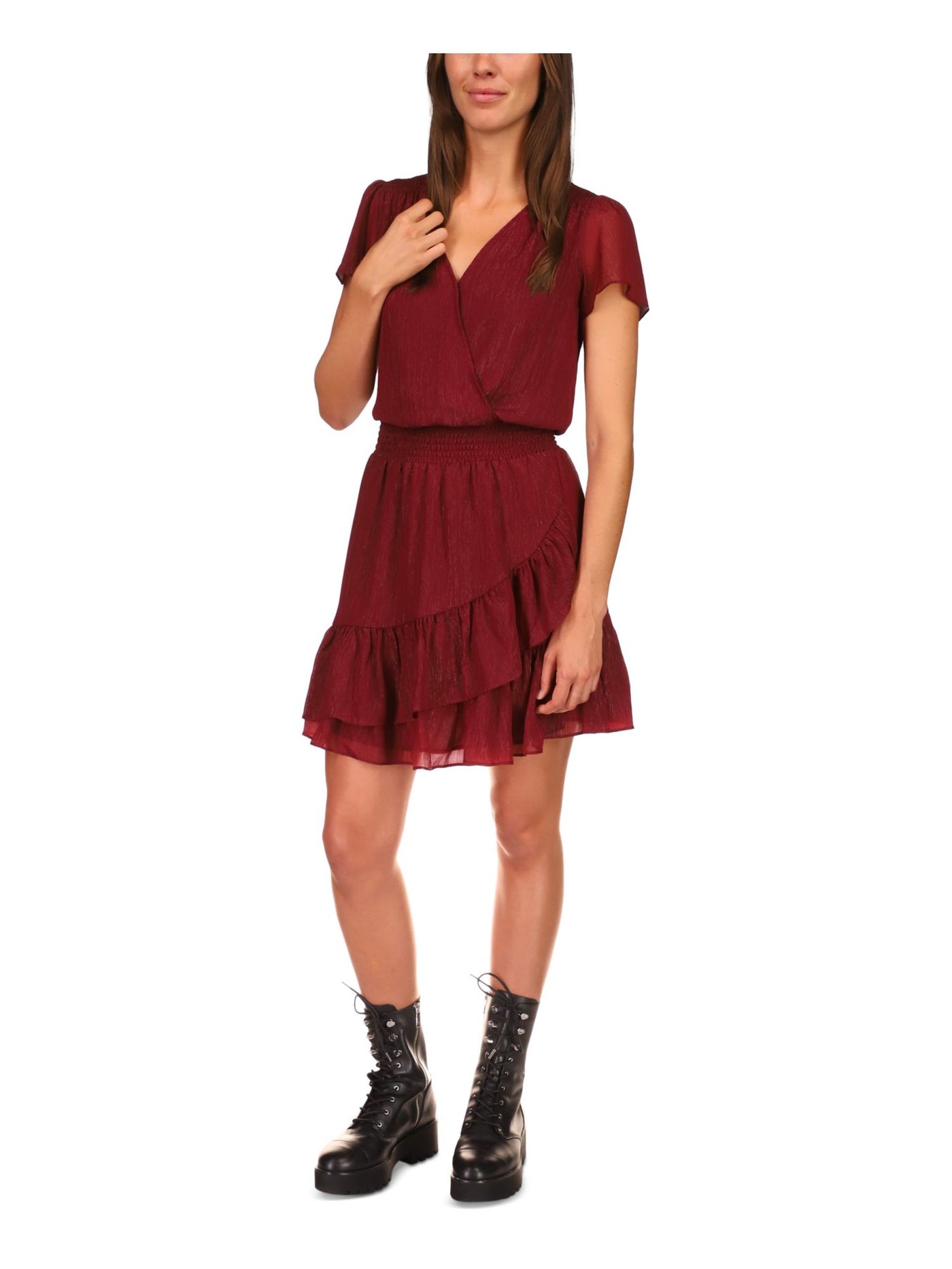 MICHAEL KORS Womens Red Smocked Sheer Lined Ruffled Hook And Eye Front Short Sleeve Surplice Neckline Above The Knee A-Line Dress M