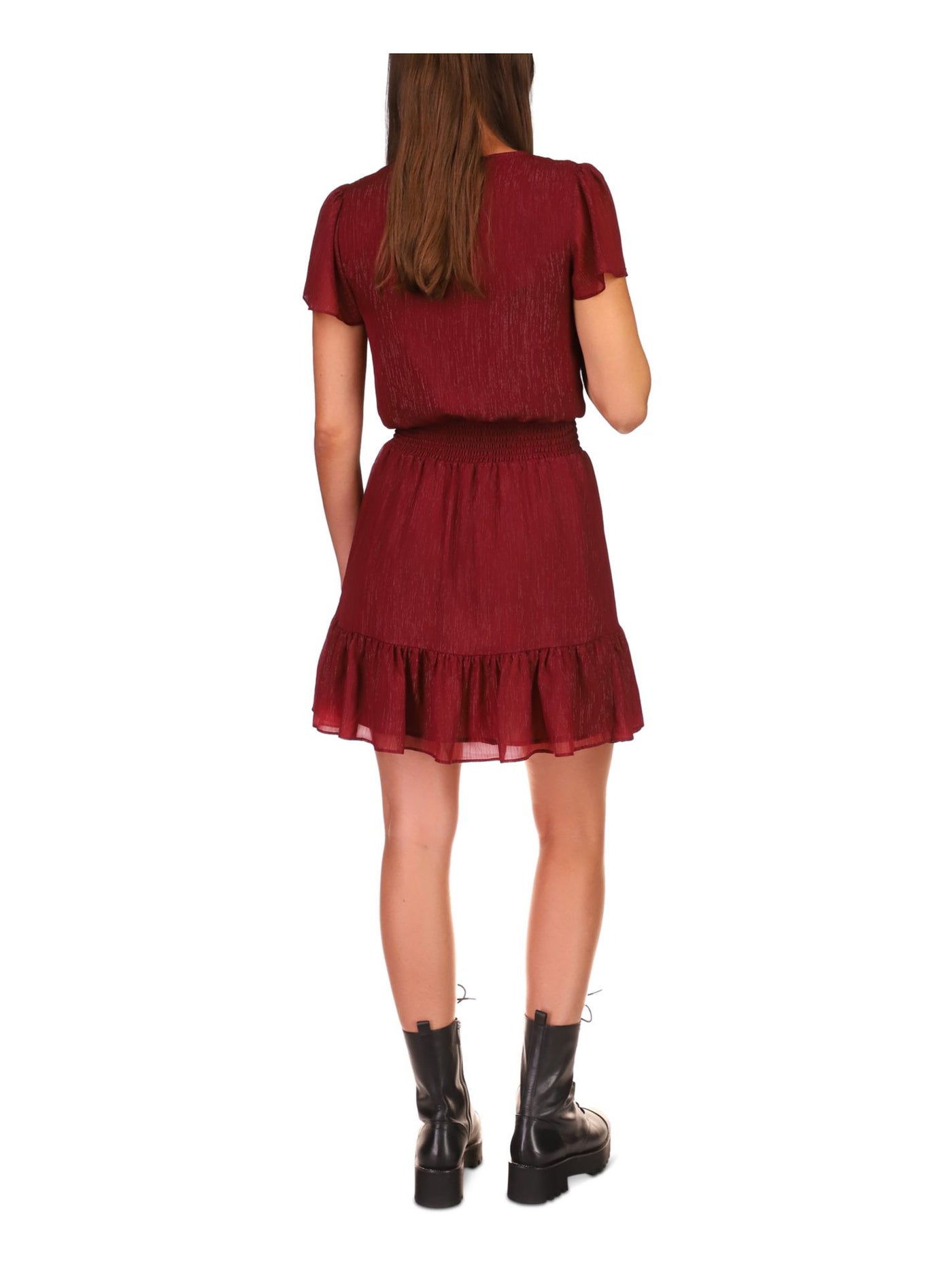 MICHAEL MICHAEL KORS Womens Burgundy Smocked Sheer Lined Ruffled Hook And Eye Front Short Sleeve Surplice Neckline Above The Knee A-Line Dress XL