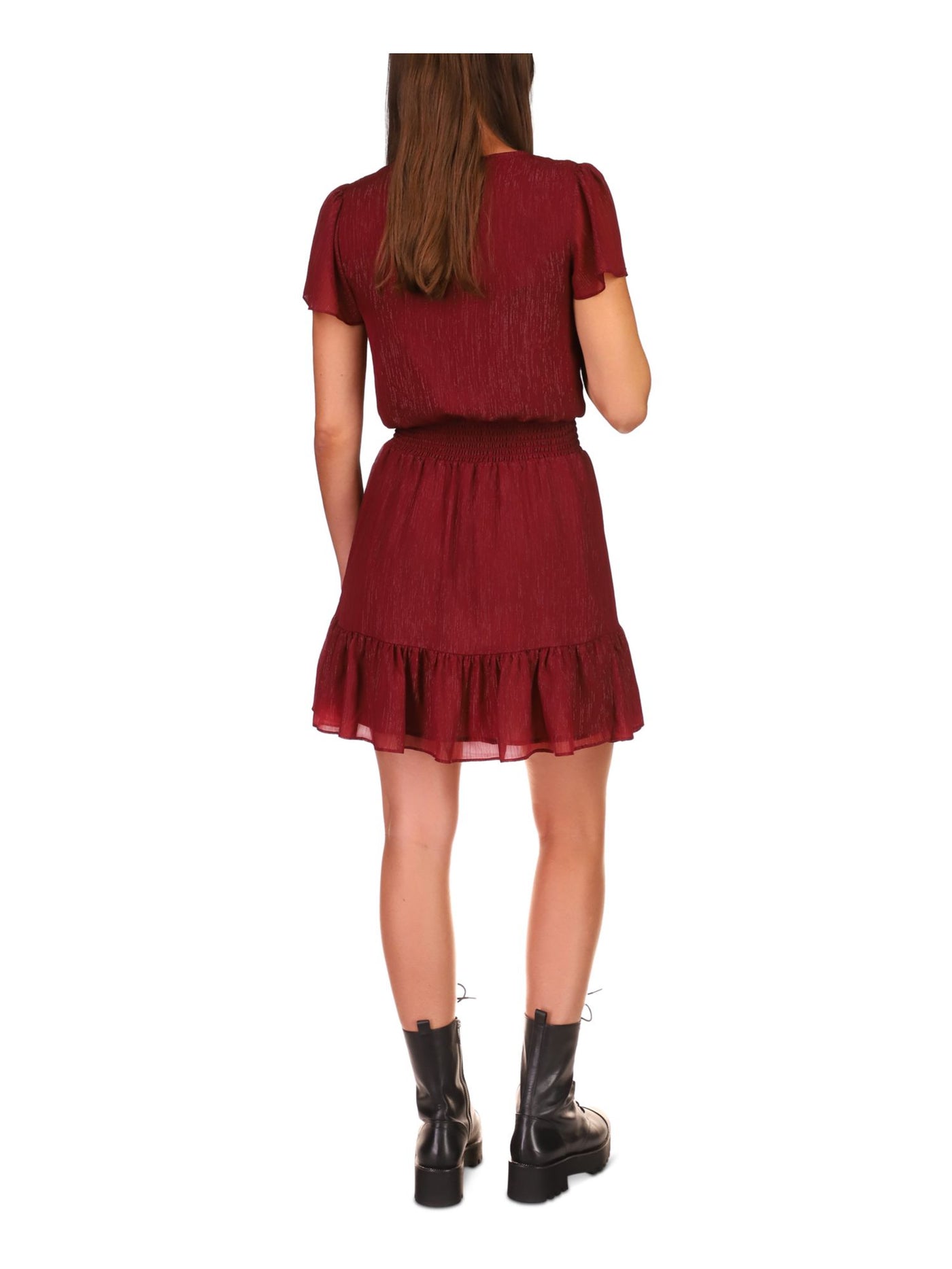 MICHAEL KORS Womens Maroon Smocked Sheer Lined Ruffled Hook And Eye Front Short Sleeve Surplice Neckline Above The Knee A-Line Dress XXL