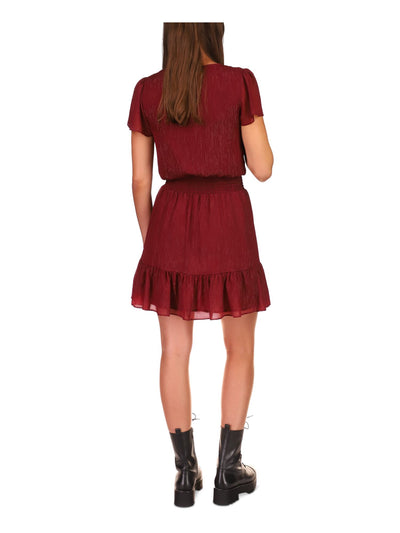MICHAEL KORS Womens Red Smocked Sheer Lined Ruffled Hook And Eye Front Short Sleeve Surplice Neckline Above The Knee A-Line Dress M
