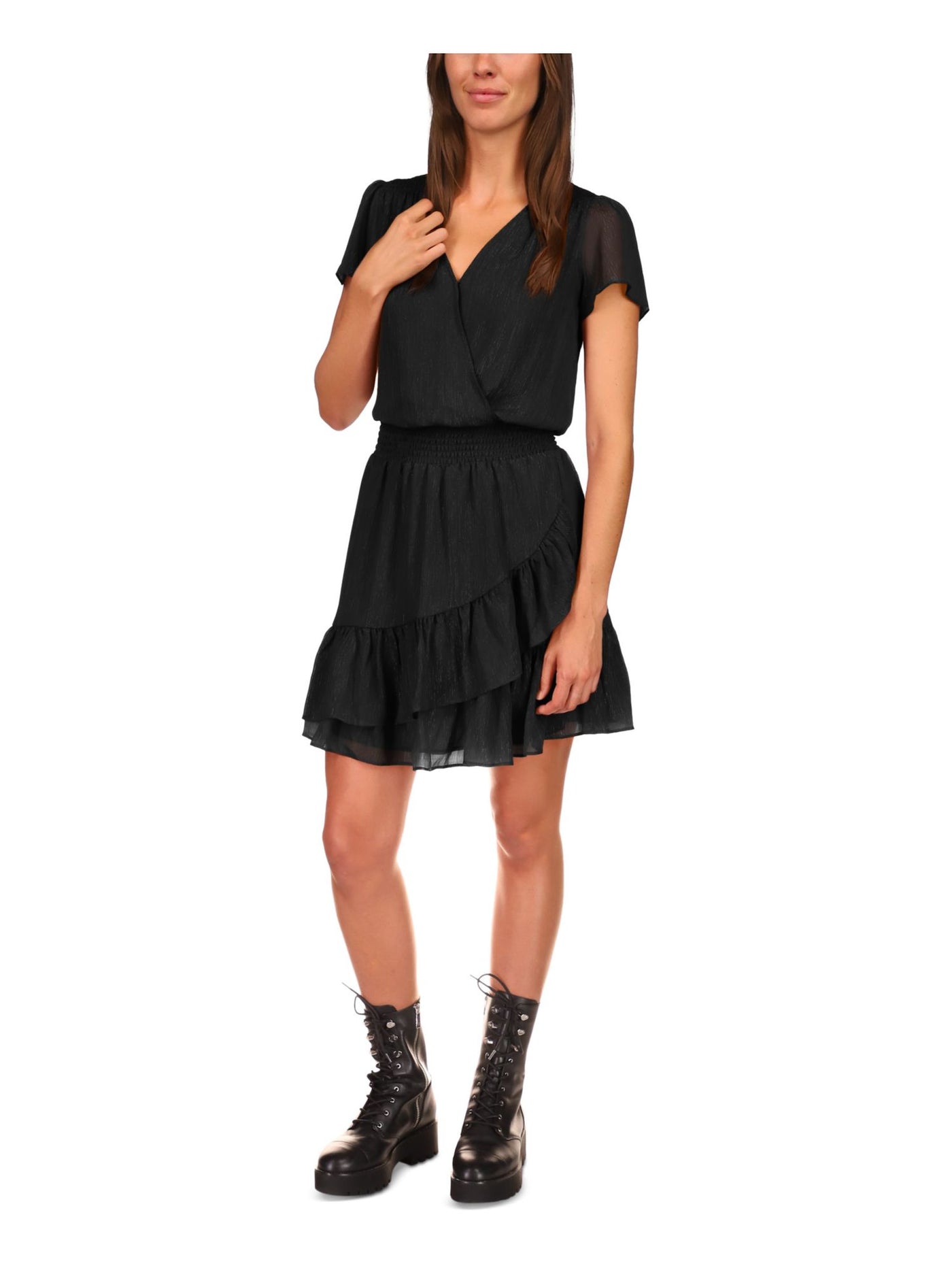 MICHAEL MICHAEL KORS Womens Black Smocked Sheer Lined Ruffled Hook And Eye Front Short Sleeve Surplice Neckline Above The Knee A-Line Dress XL