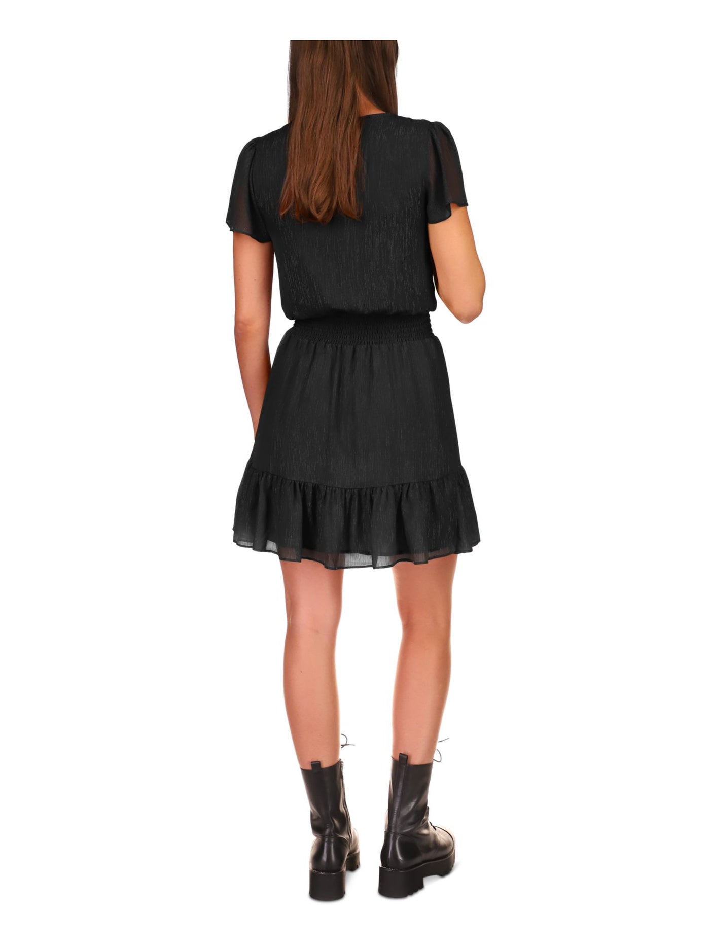 MICHAEL MICHAEL KORS Womens Black Smocked Sheer Lined Ruffled Hook And Eye Front Short Sleeve Surplice Neckline Above The Knee A-Line Dress XL