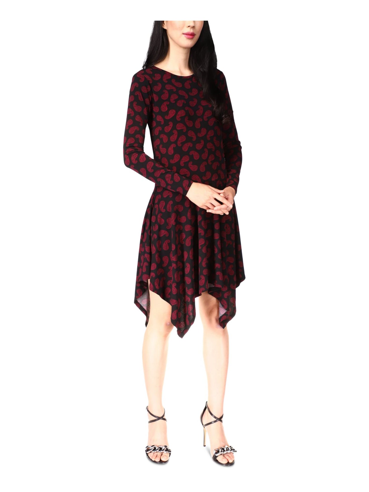 MICHAEL KORS Womens Maroon Stretch Paisley Long Sleeve Crew Neck Knee Length Evening Fit + Flare Dress XS