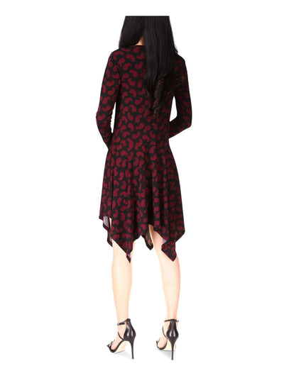 MICHAEL KORS Womens Maroon Stretch Paisley Long Sleeve Crew Neck Knee Length Evening Fit + Flare Dress XS