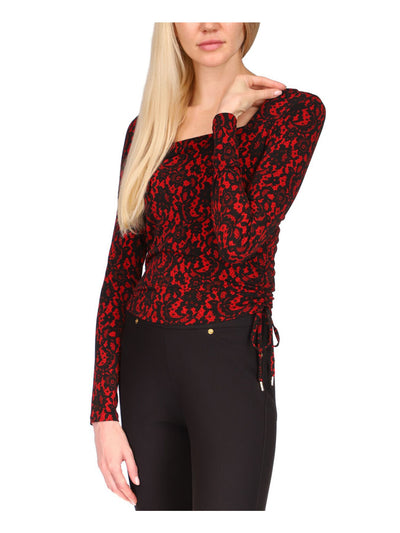 MICHAEL KORS Womens Red Ruched Tie Printed Long Sleeve Square Neck Top Petites P\XS