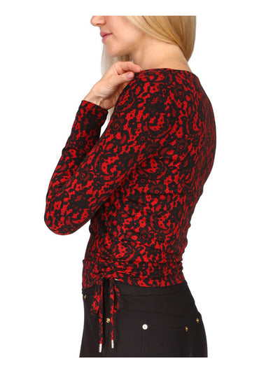 MICHAEL KORS Womens Red Ruched Tie Printed Long Sleeve Square Neck Top Petites P\XS