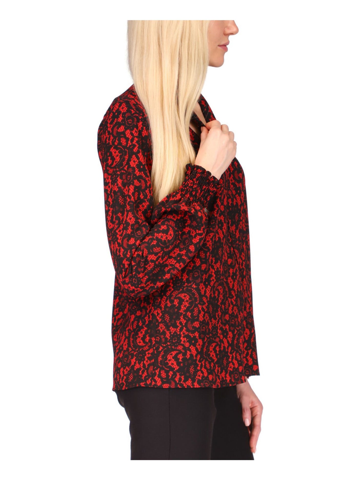 MICHAEL MICHAEL KORS Womens Red Tie Smocked Long Sleeve V Neck Top XXS