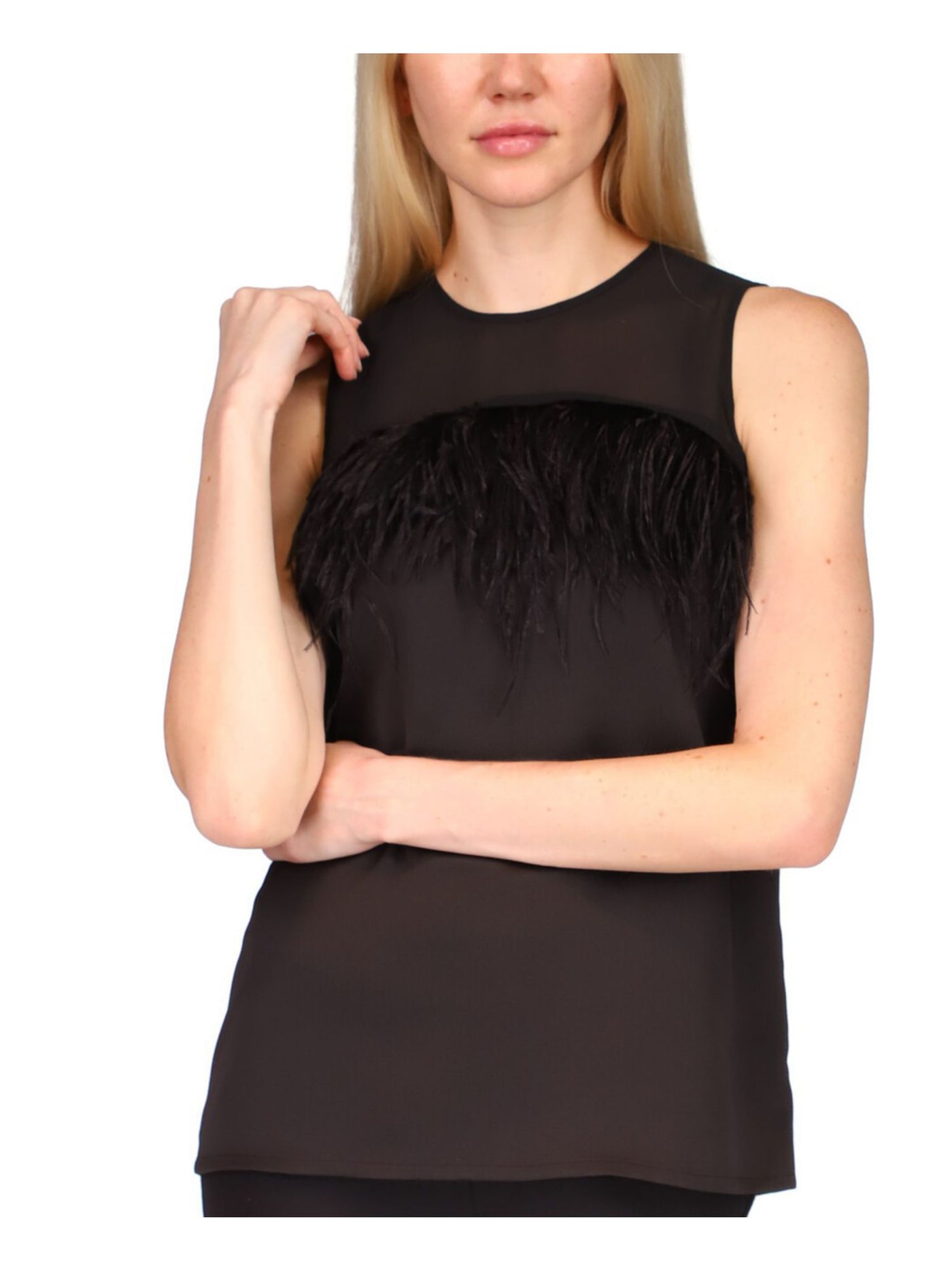 MICHAEL KORS Womens Black Feathered Darted Sheer Yoke Keyhole Closure Sleeveless Round Neck Cocktail Top XXS