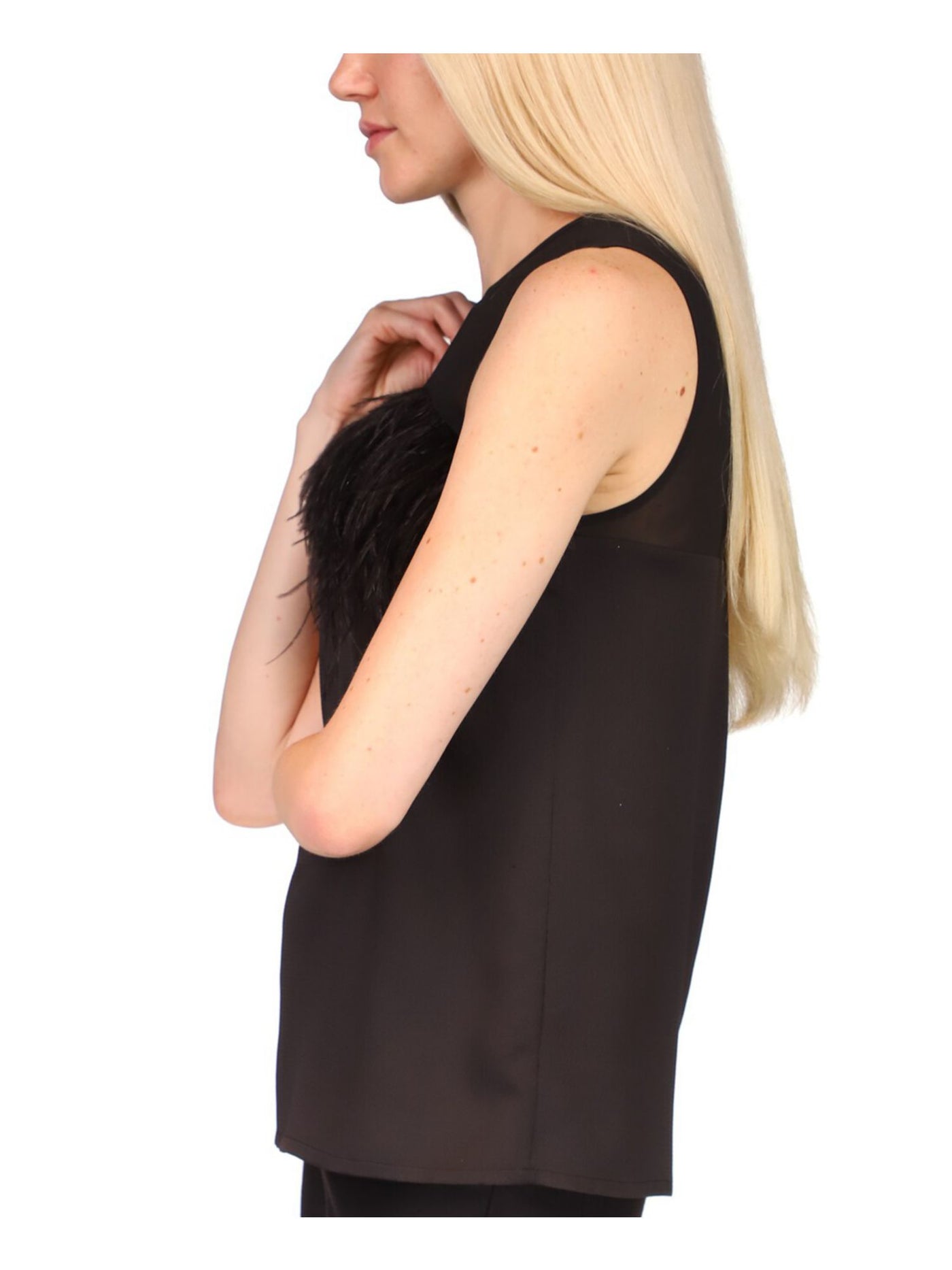 MICHAEL MICHAEL KORS Womens Black Feathered Darted Sheer Yoke Keyhole Closure Sleeveless Round Neck Cocktail Top XXS