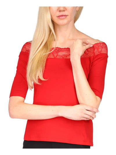 MICHAEL MICHAEL KORS Womens Red Lace Sheer Short Sleeve Off Shoulder Top XS