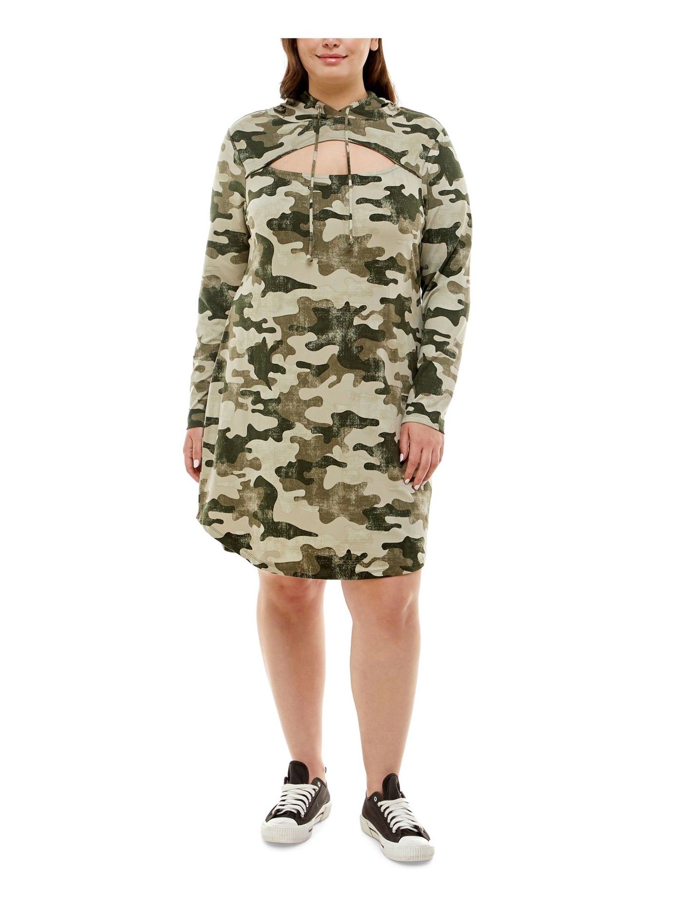 ALMOST FAMOUS Womens Green Cut Out Drawstring Hood Sweater Camouflage Long Sleeve Above The Knee Dress Plus 3X