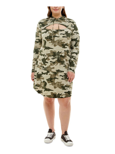ALMOST FAMOUS Womens Green Cut Out Drawstring Hood Sweater Camouflage Long Sleeve Above The Knee Dress Plus 2X