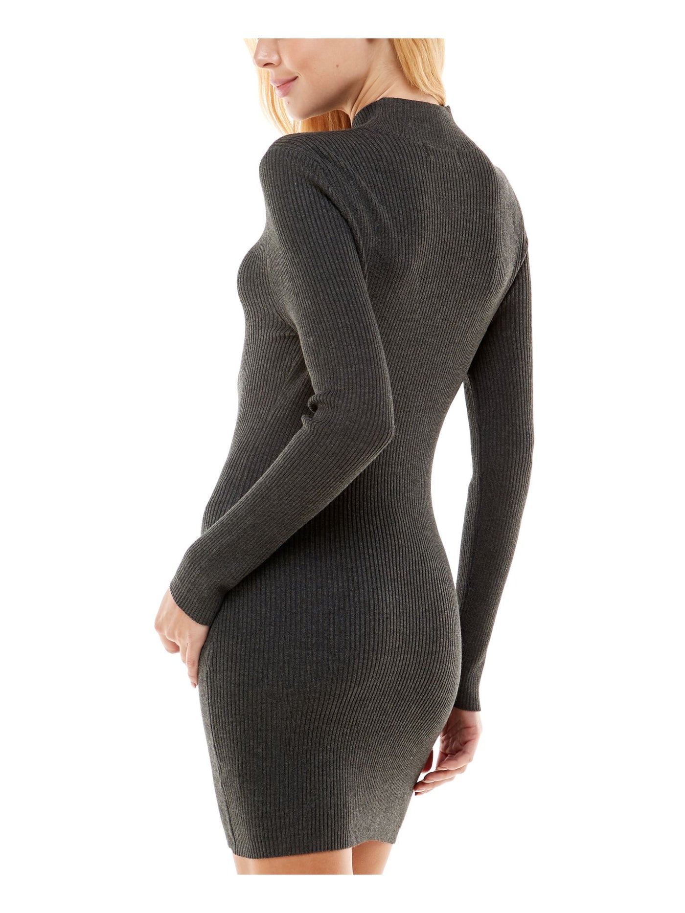 NO COMMENT Womens Ribbed Cut Out Long Sleeve Mock Neck Short Party Sweater Dress