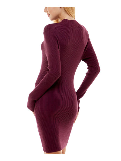 NO COMMENT Womens Purple Ribbed Cut Out Chain Detail Pullover Unlined Long Sleeve Mock Neck Short Party Sweater Dress L