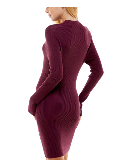 NO COMMENT Womens Purple Ribbed Cut Out Chain Detail Pullover Unlined Long Sleeve Mock Neck Short Party Sweater Dress Juniors L