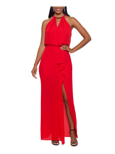 XSCAPE Womens Red Zippered Ruffled Hardware Detail High Slit Lined Sleeveless Halter Full-Length Formal Gown Dress 14