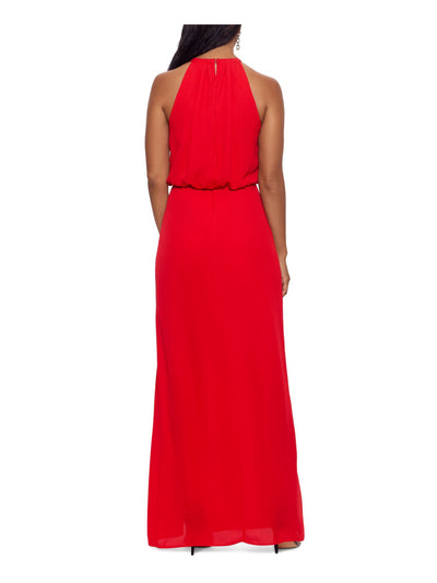 XSCAPE Womens Red Zippered Ruffled Metallic Detail Thigh High Slit Sleeveless Halter Full-Length Formal Sheath Dress 6