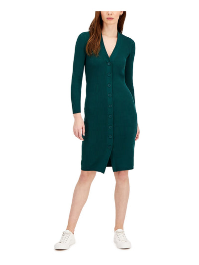 BAR III Womens Green Knit Ribbed Fitted Button Detail Long Sleeve V Neck Above The Knee Wear To Work Sweater Dress L