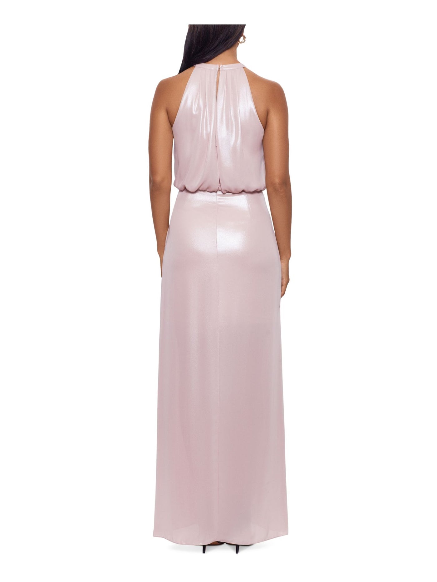 XSCAPE Womens Pink Slitted Ruffled Zippered Keyhole Sleeveless Halter Maxi Formal Shift Dress 8