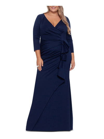 XSCAPE Womens Navy Gathered Pleated Zippered Lined 3/4 Sleeve Surplice Neckline Full-Length Evening Sheath Dress Plus 14W