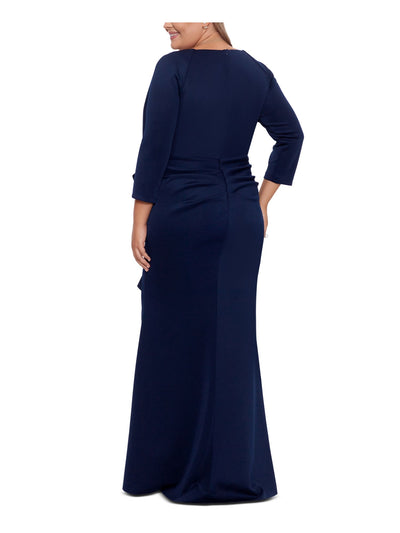 XSCAPE Womens Navy Gathered Pleated Zippered Lined 3/4 Sleeve Surplice Neckline Full-Length Evening Sheath Dress Plus 14W