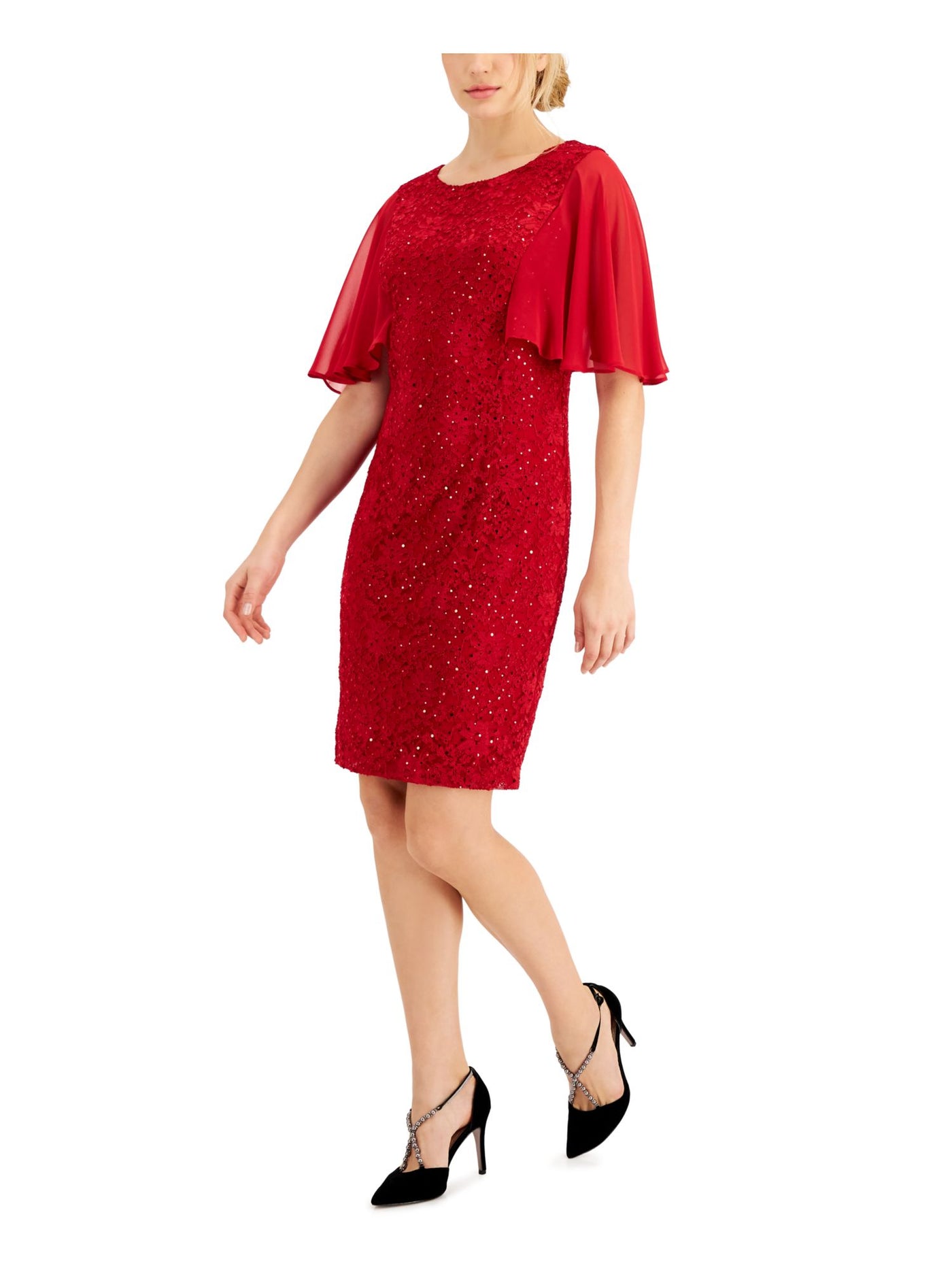 CONNECTED APPAREL Womens Sequined Lace Lined Flutter Sleeve Jewel Neck Above The Knee Wear To Work Sheath Dress