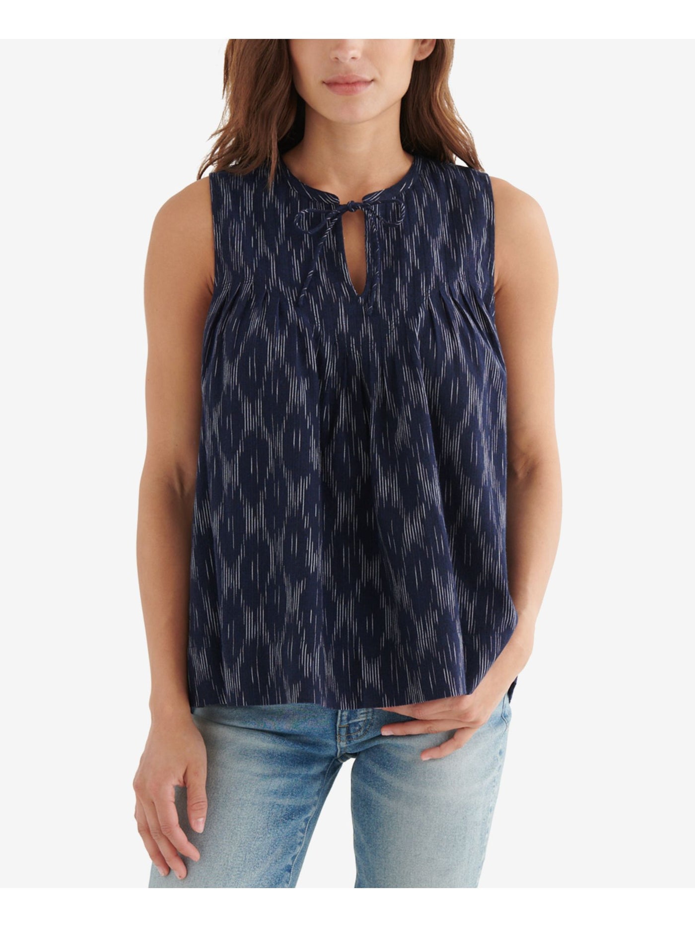 LUCKY BRAND Womens Navy Pleated Relaxed Fit Printed Sleeveless Tie Neck Top XS