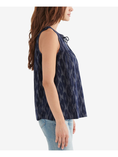 LUCKY BRAND Womens Navy Pleated Relaxed Fit Printed Sleeveless Tie Neck Top XS