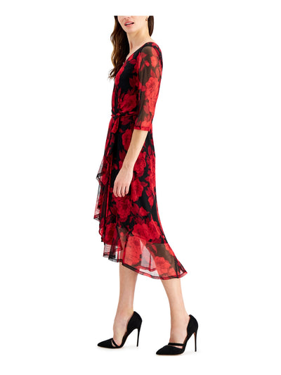 CONNECTED APPAREL Womens Red Tie Lined High-low Hem Pullover Floral 3/4 Sleeve Surplice Neckline Midi Party Faux Wrap Dress 4