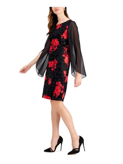 CONNECTED APPAREL Womens Black Textured Long Sheer Split Cuff Sleeves Floral Scoop Neck Above The Knee Evening Sheath Dress 6