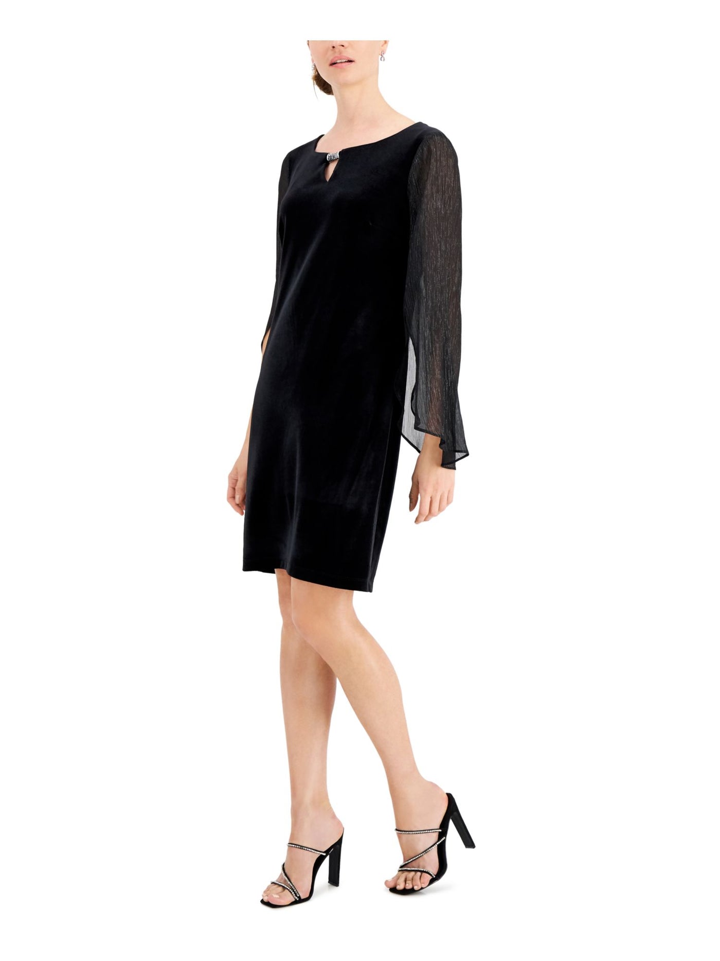 CONNECTED APPAREL Womens Black Stretch Embellished Long Angel Sleeves Keyhole Above The Knee Cocktail Sheath Dress 4