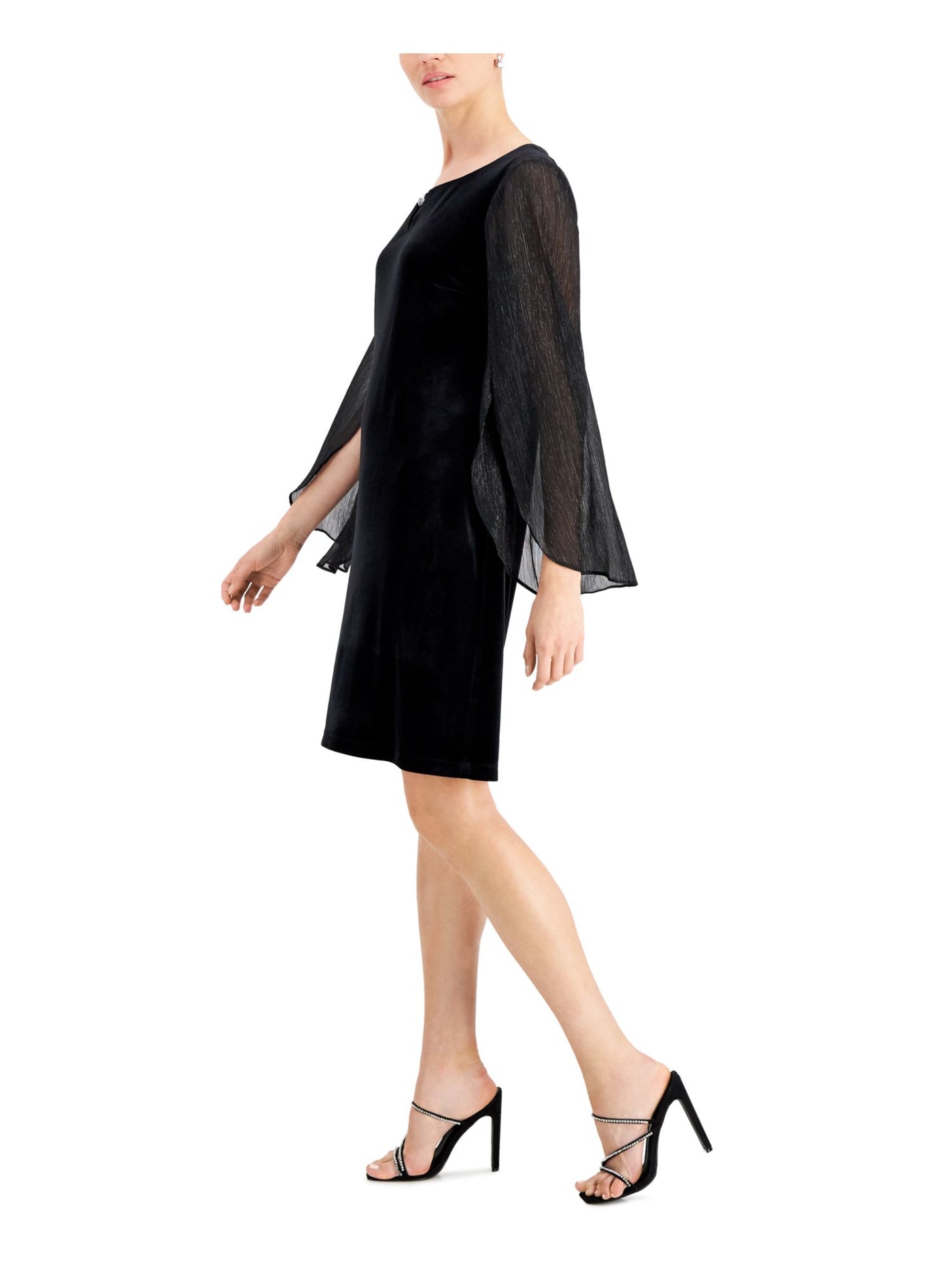 CONNECTED APPAREL Womens Black Stretch Embellished Long Angel Sleeves Keyhole Above The Knee Cocktail Sheath Dress 4