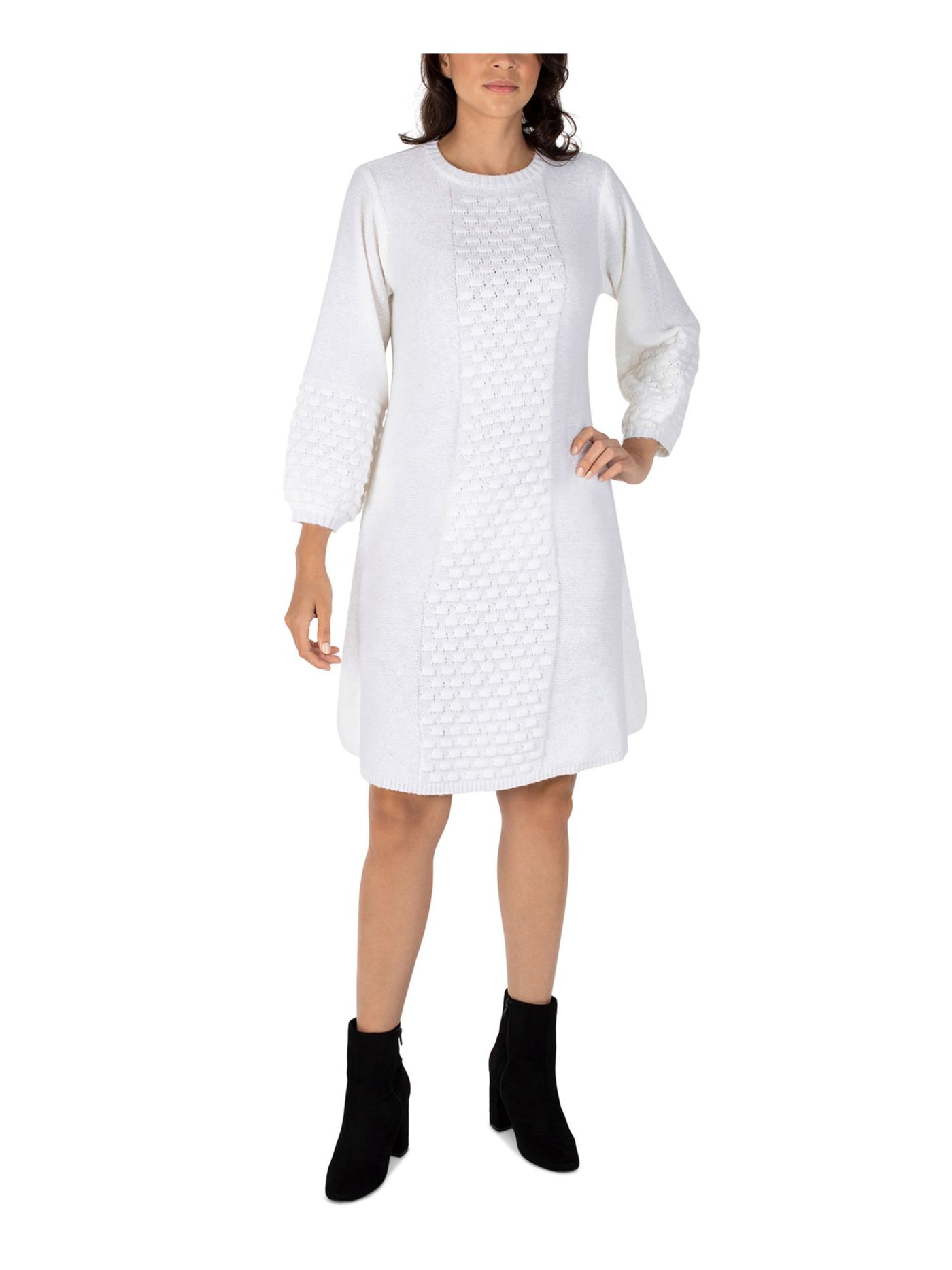ROBBIE BEE Womens White Knit Textured Ribbed Pullover Balloon Sleeve Round Neck Above The Knee Sweater Dress Petites PS