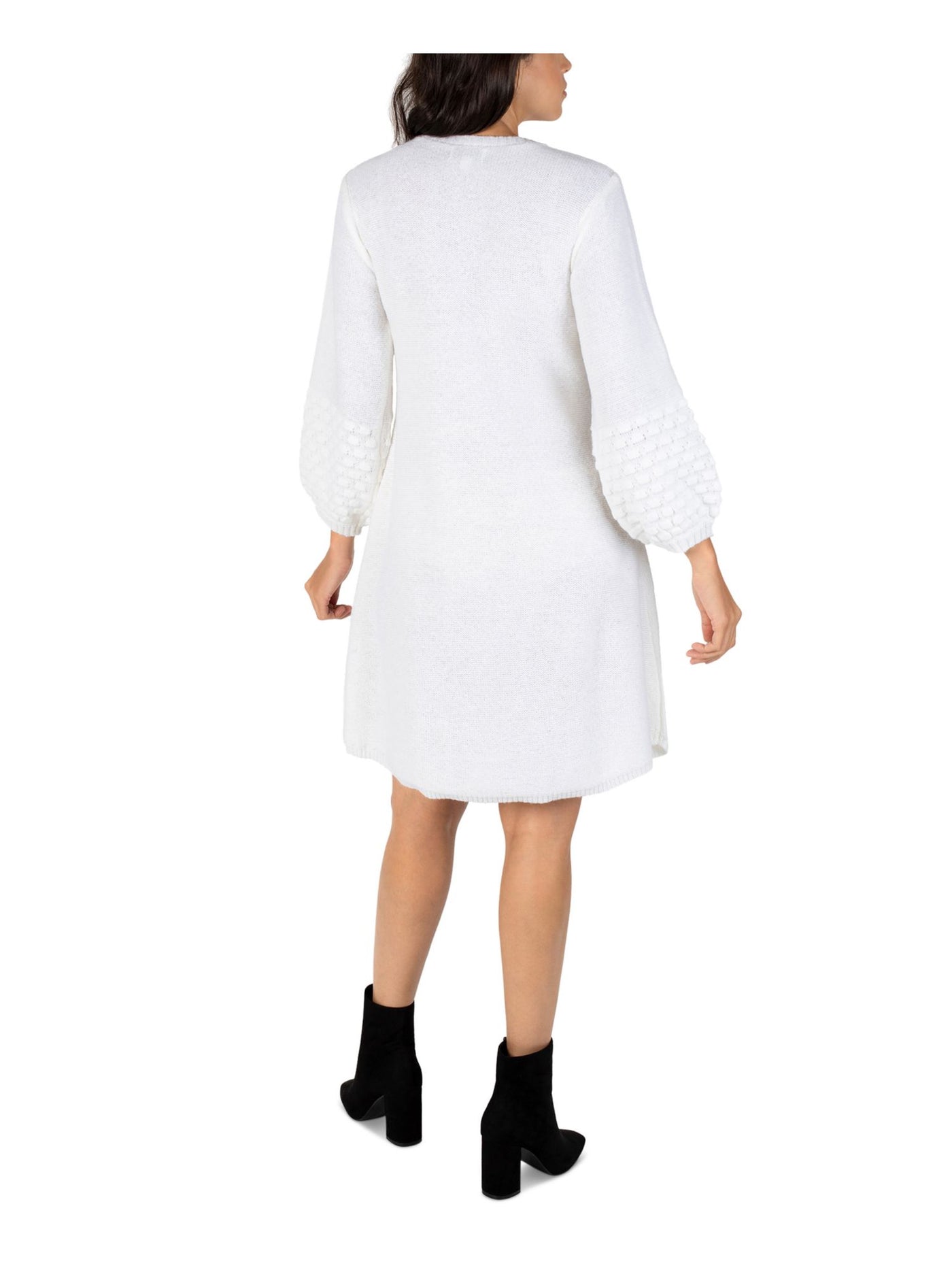 ROBBIE BEE Womens Ivory Knit Textured Ribbed Pullover Balloon Sleeve Round Neck Above The Knee Sweater Dress Petites PL